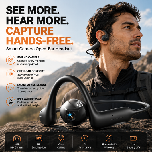 🎥 8MP Smart Camera Open-Ear Headset – POV Video, Calls & AI Assistance 🎧