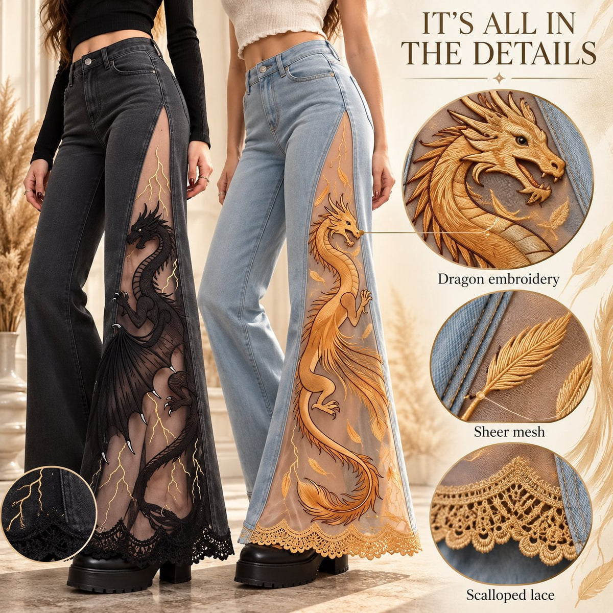 ✨ Women's Sheer Panel Jeans 🖤 Delicate Dragon Embroidery