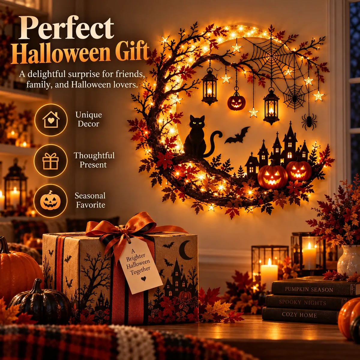 🚚 FREE SHIPPING 🎃 Enchanting Halloween Crescent Moon Wall Light with Black Cat & LED Lanterns 🐈