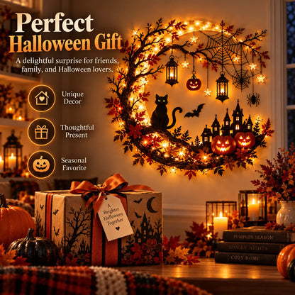 🚚 FREE SHIPPING 🎃 Enchanting Halloween Crescent Moon Wall Light with Black Cat & LED Lanterns 🐈