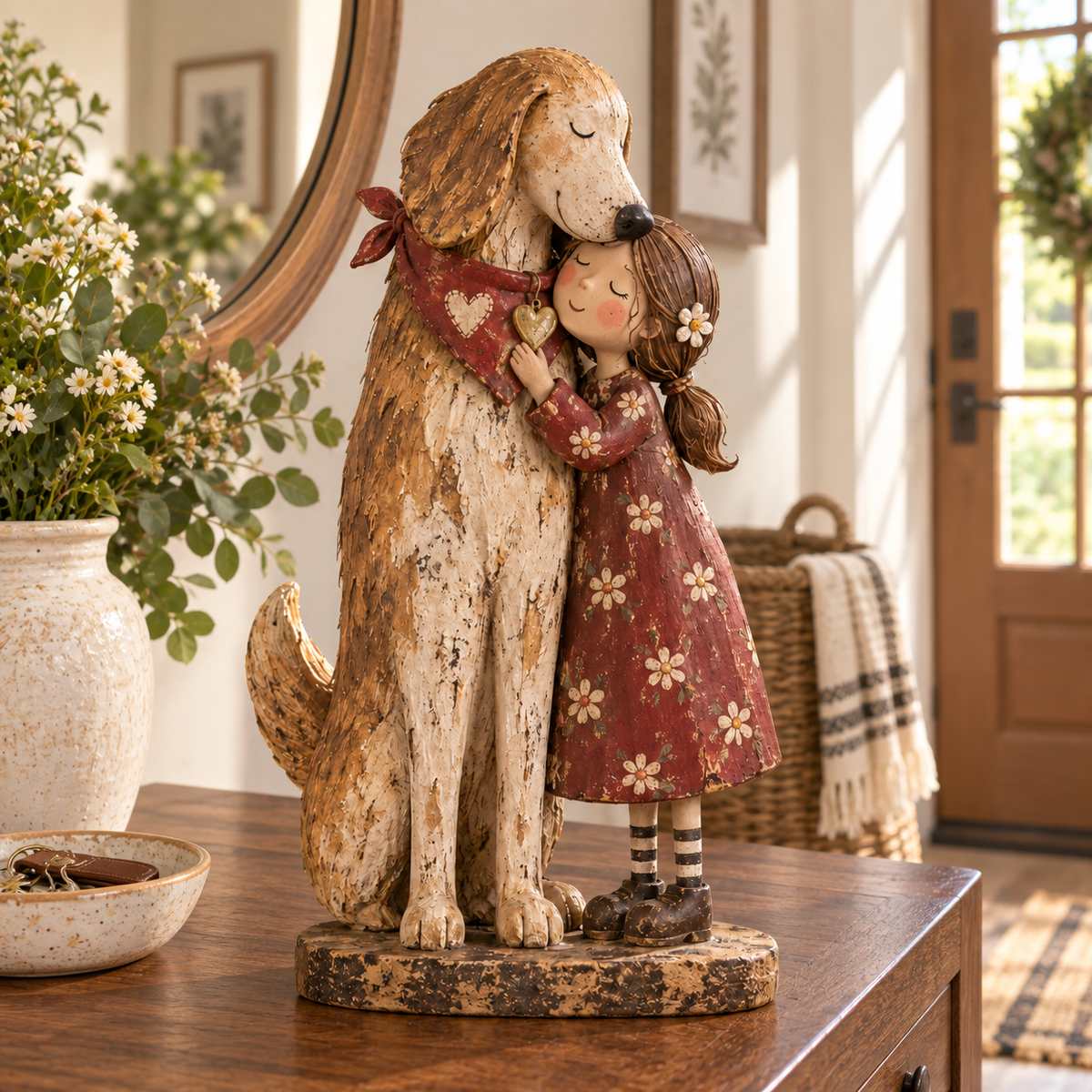 🐾 "Home Is Who Holds You" Girl & Rescued Dog Keepsake – Sentimental Folk Art Figurine ❤️