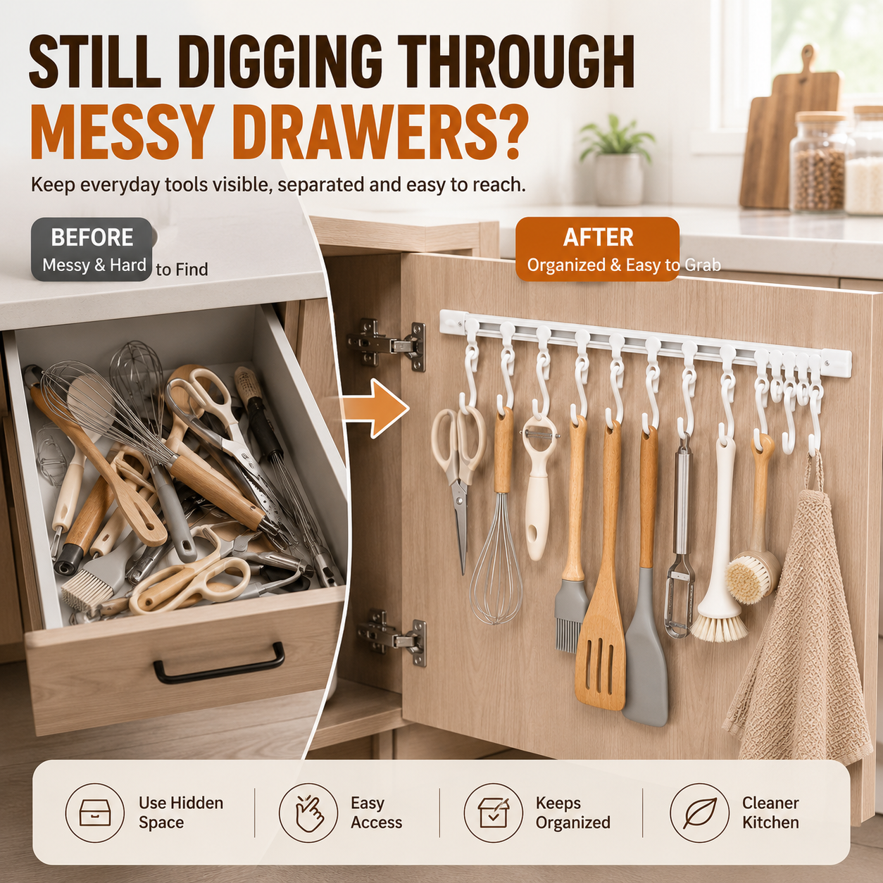 🪝 No Drill Cabinet Door Sliding Rail Organizer 30cm with 10 Adjustable Hooks 🚪