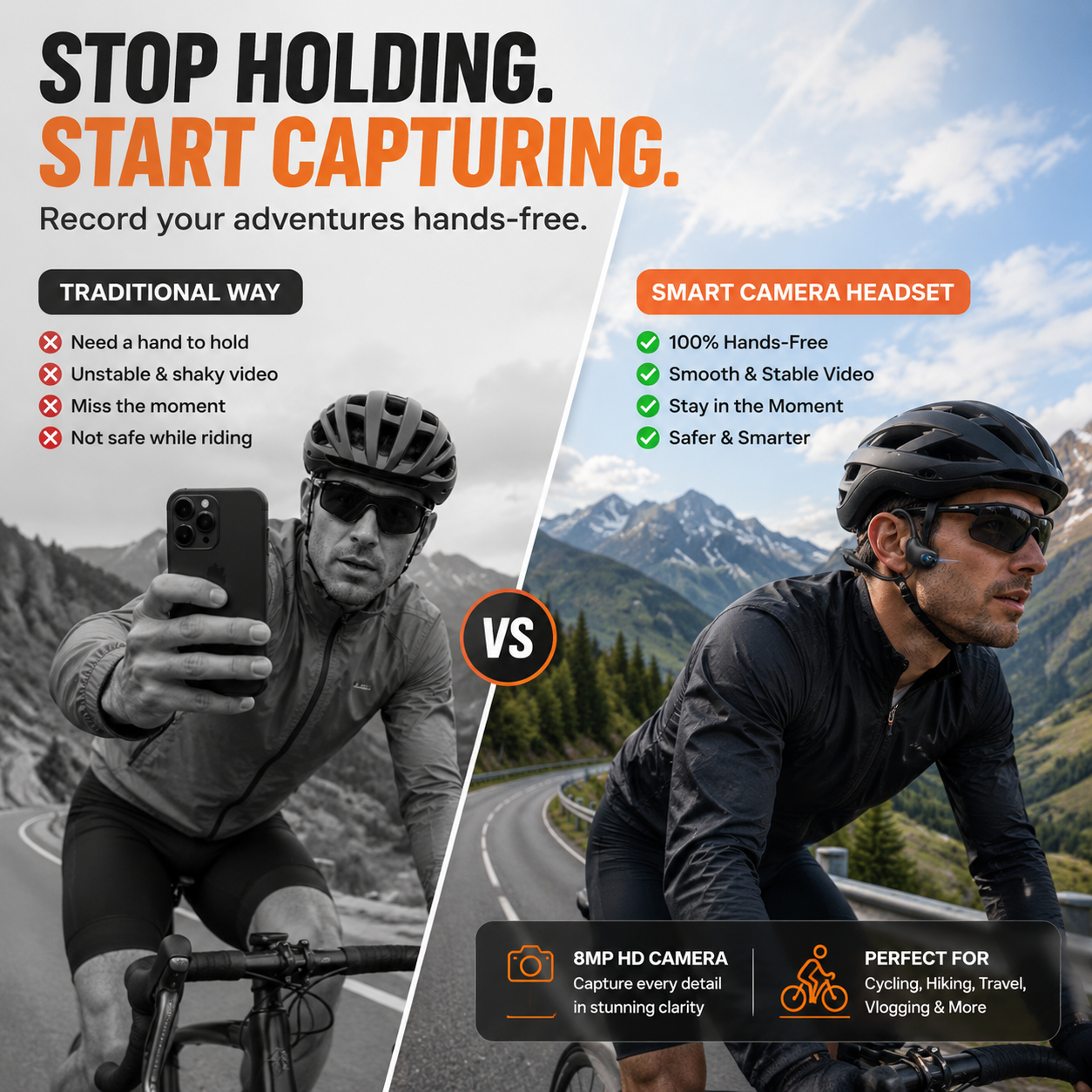 🎥 8MP Smart Camera Open-Ear Headset – POV Video, Calls & AI Assistance 🎧
