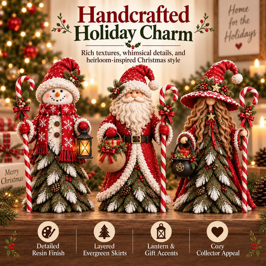 🎄 Christmas Enchanted Trio Figurine Set – Snowman, Santa & Winter Witch Decor ✨
