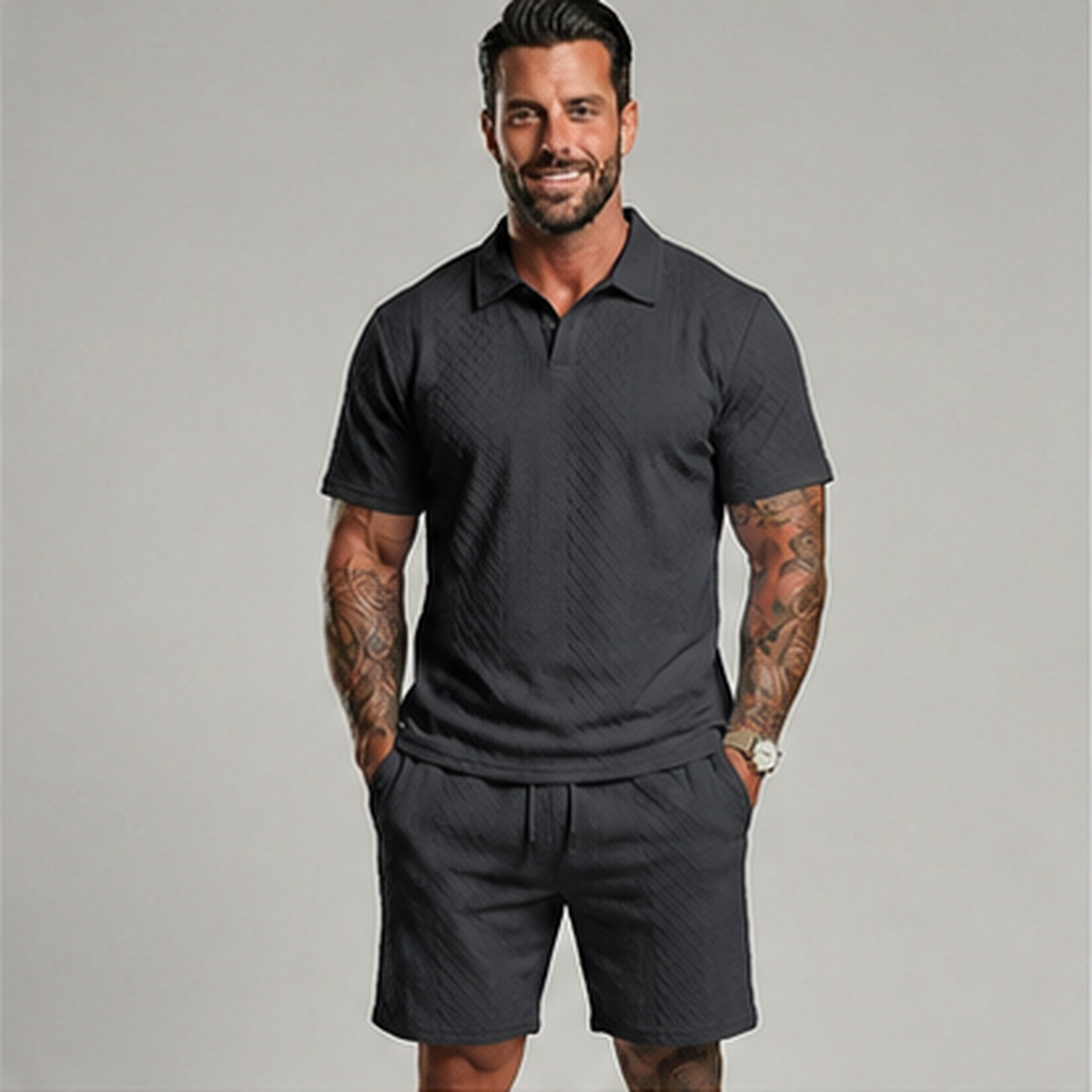 👔 Mens Textured Short Sleeve Polo Shirt and Drawstring Shorts 2 Piece Set 🩳