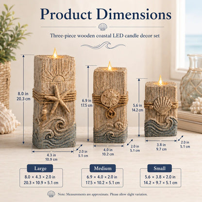 🔥 HOT SALE 🔥🌊 Coastal Wooden LED Candle Set of 3 with Remote & Timer 🕯️