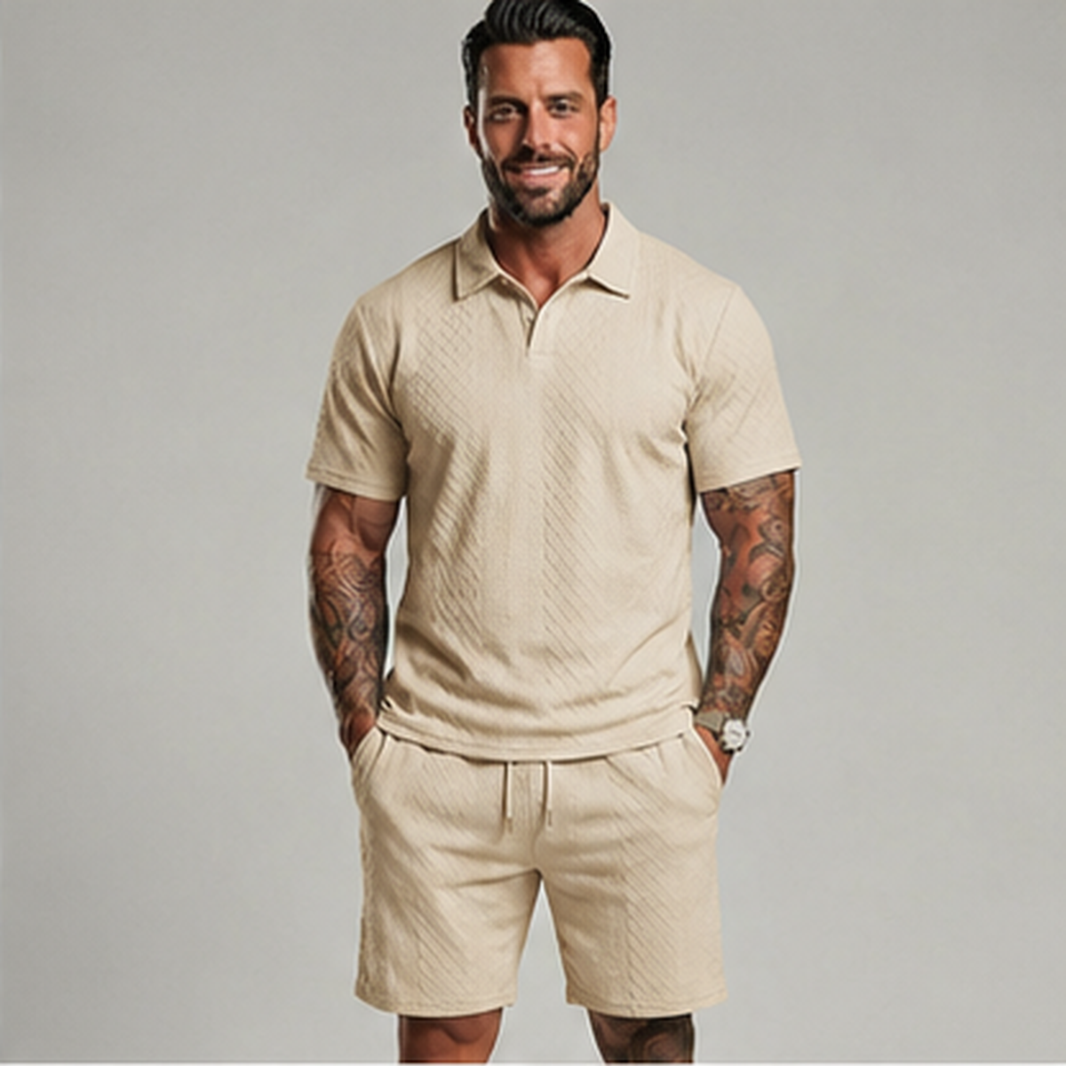 👔 Mens Textured Short Sleeve Polo Shirt and Drawstring Shorts 2 Piece Set 🩳