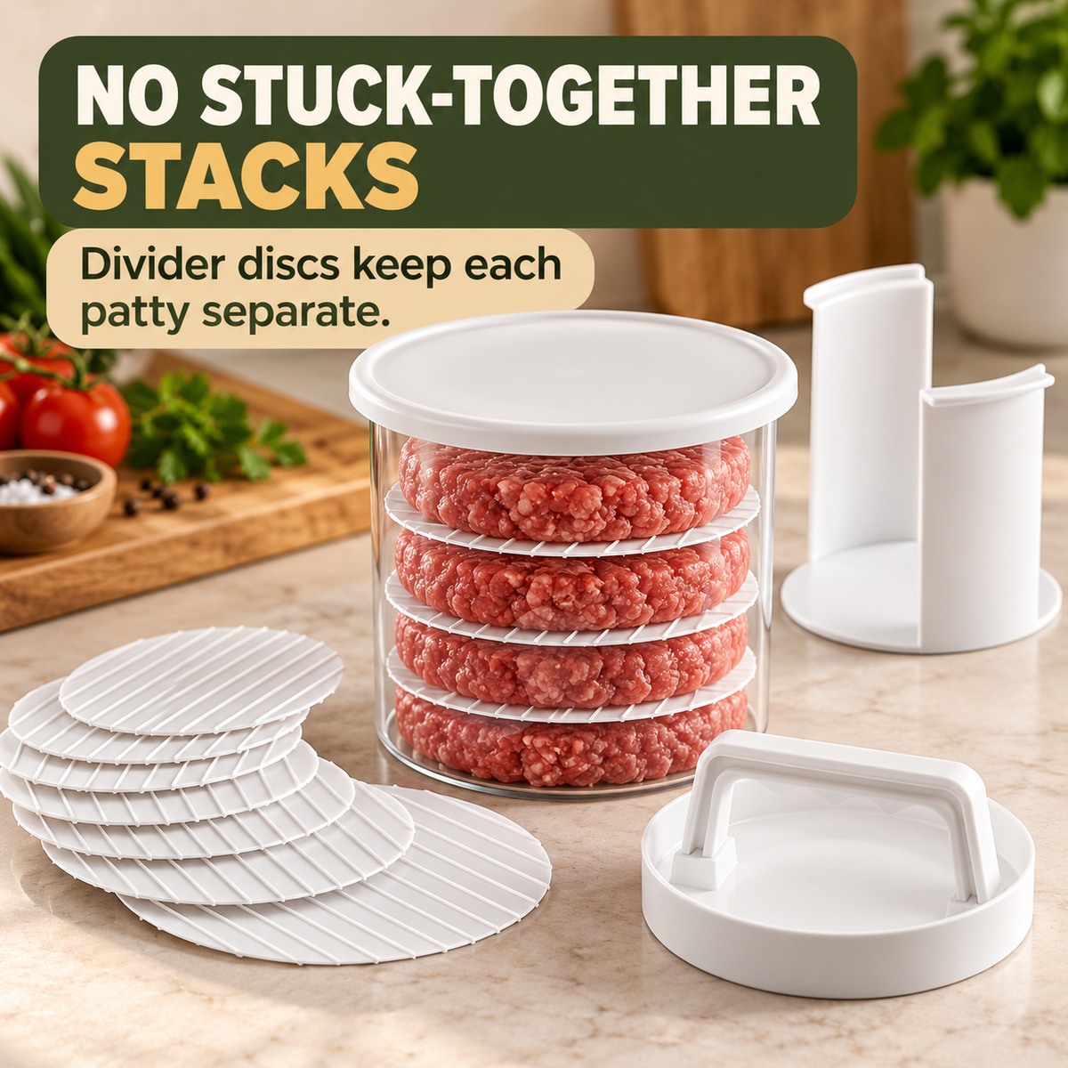 Separate burger patties with divider discs
