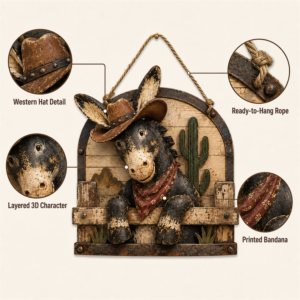🤠 Rustic Cowboy Donkey 3D Wall Art – Farmhouse Country Hanging Decor 🫏