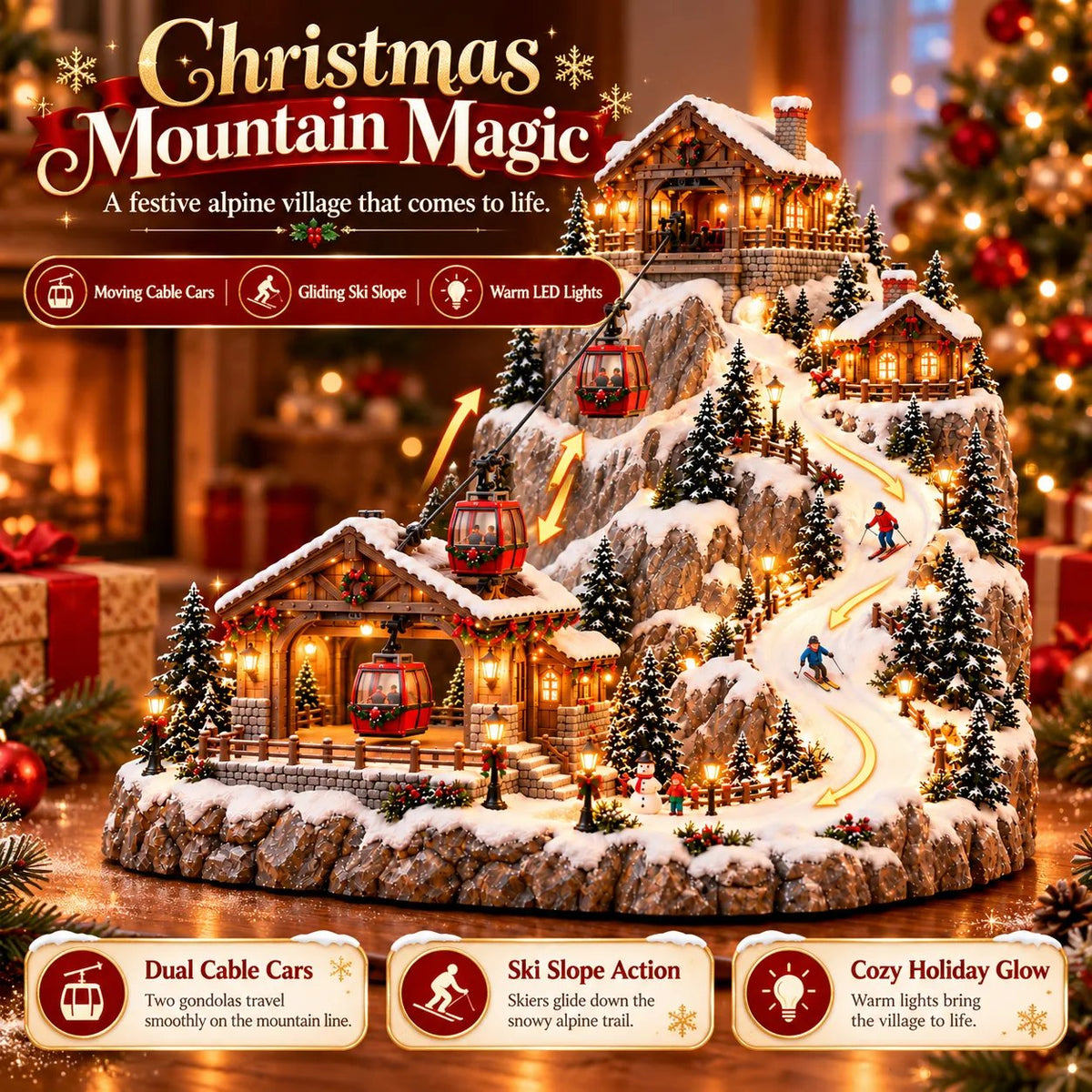 🚡 Animated Christmas Mountain Village – Moving Cable Cars & Skiers 🎄