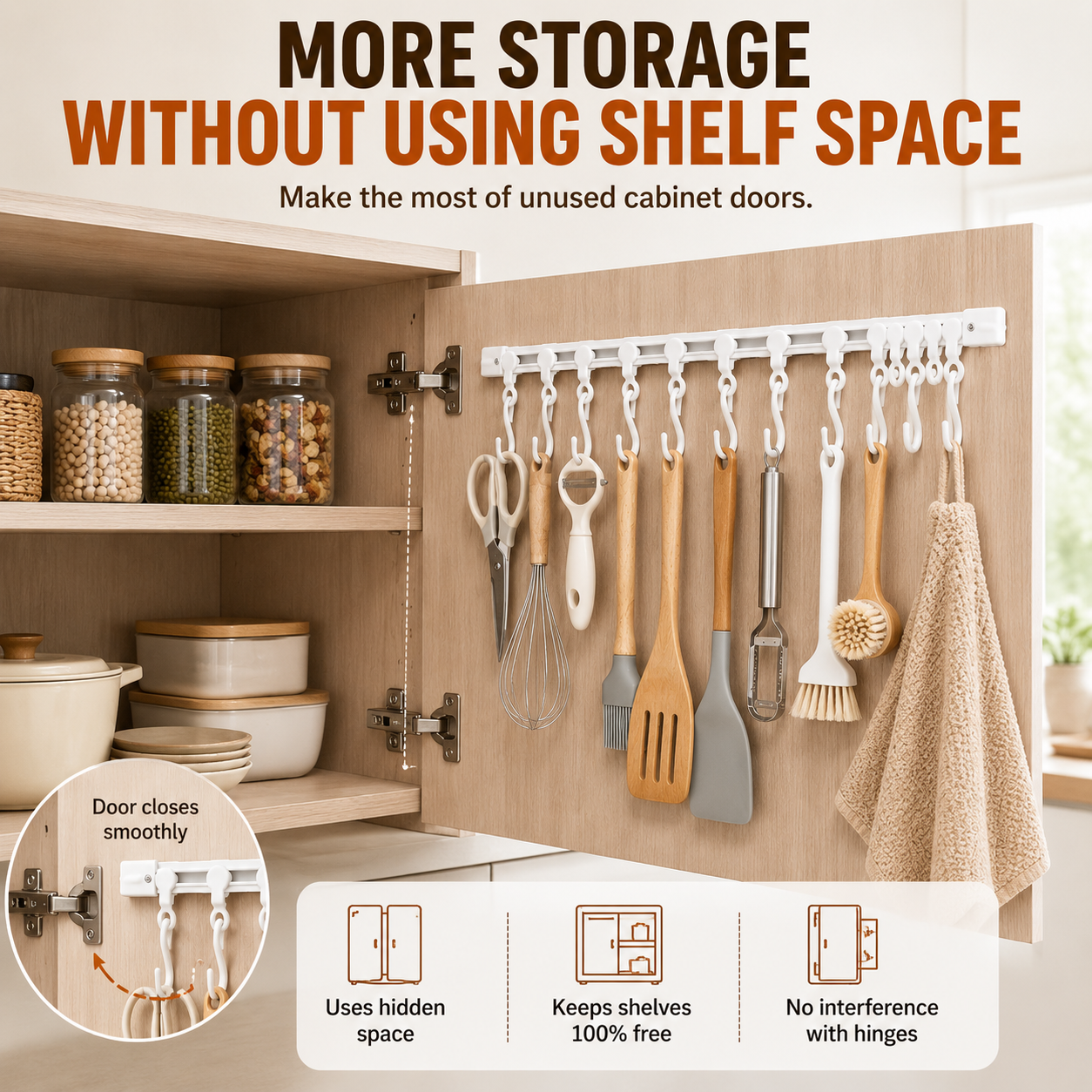 🪝 No Drill Cabinet Door Sliding Rail Organizer 30cm with 10 Adjustable Hooks 🚪