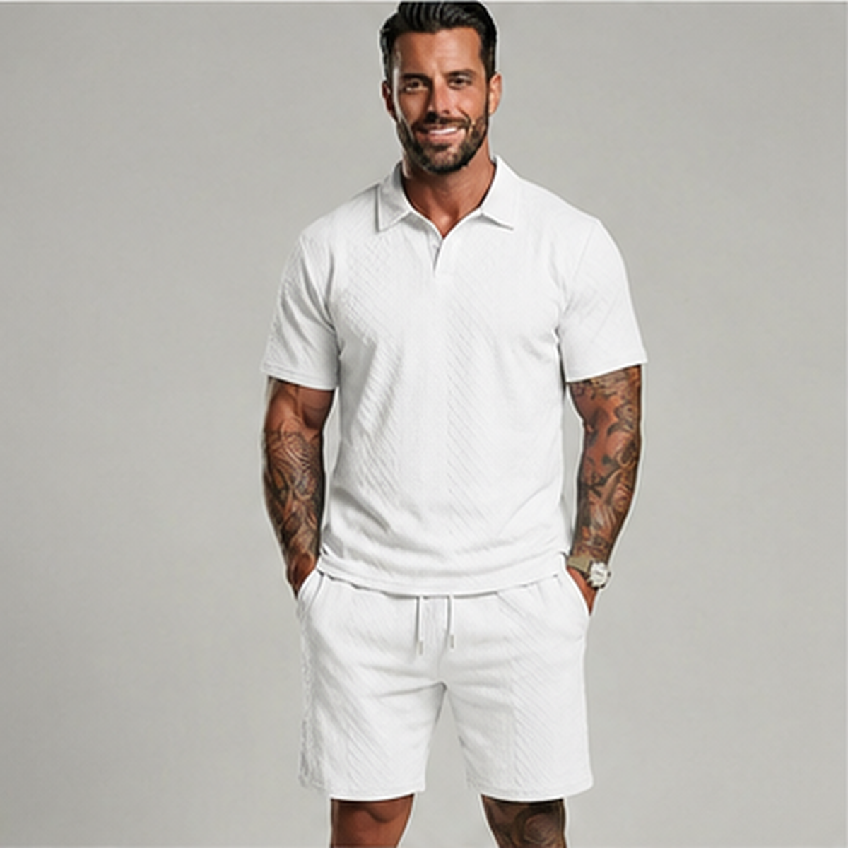 👔 Mens Textured Short Sleeve Polo Shirt and Drawstring Shorts 2 Piece Set 🩳