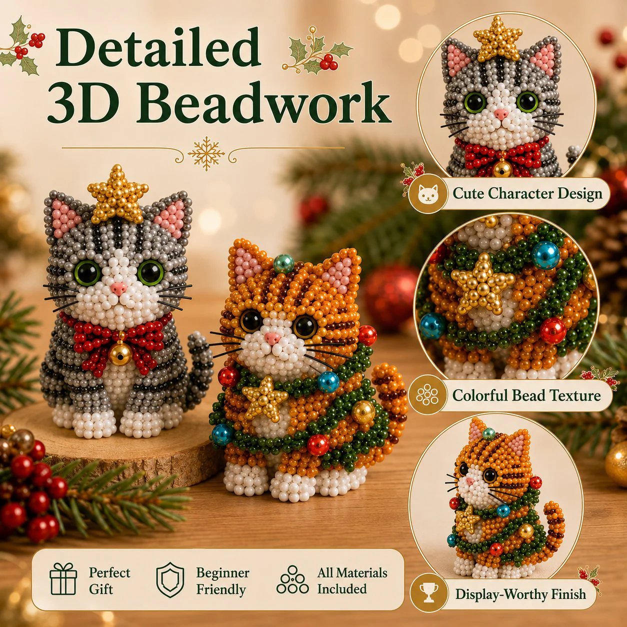 🎄 3D Beaded Christmas Cat DIY Craft Kit Set of 4 Handmade Ornaments 🐱