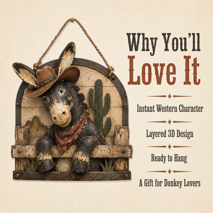 🤠 Rustic Cowboy Donkey 3D Wall Art – Farmhouse Country Hanging Decor 🫏