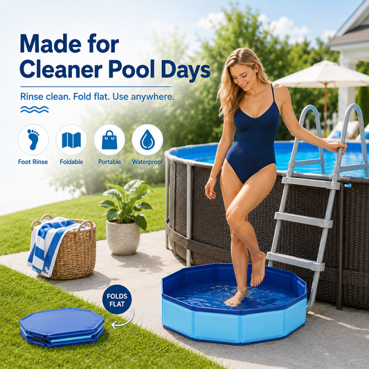 Pool Foot Bath—A non-inflatable, foldable, and stowable foot bath designed for use with pool entry ladders