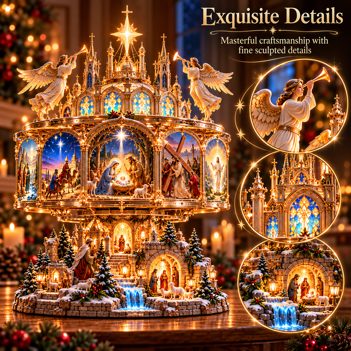 🔥LAST DAY 49% OFF✝️✨ Journey of Faith™ – 360° Rotating Lighted Bible Story Nativity Display with Angelic Cathedral & Sacred Scenes