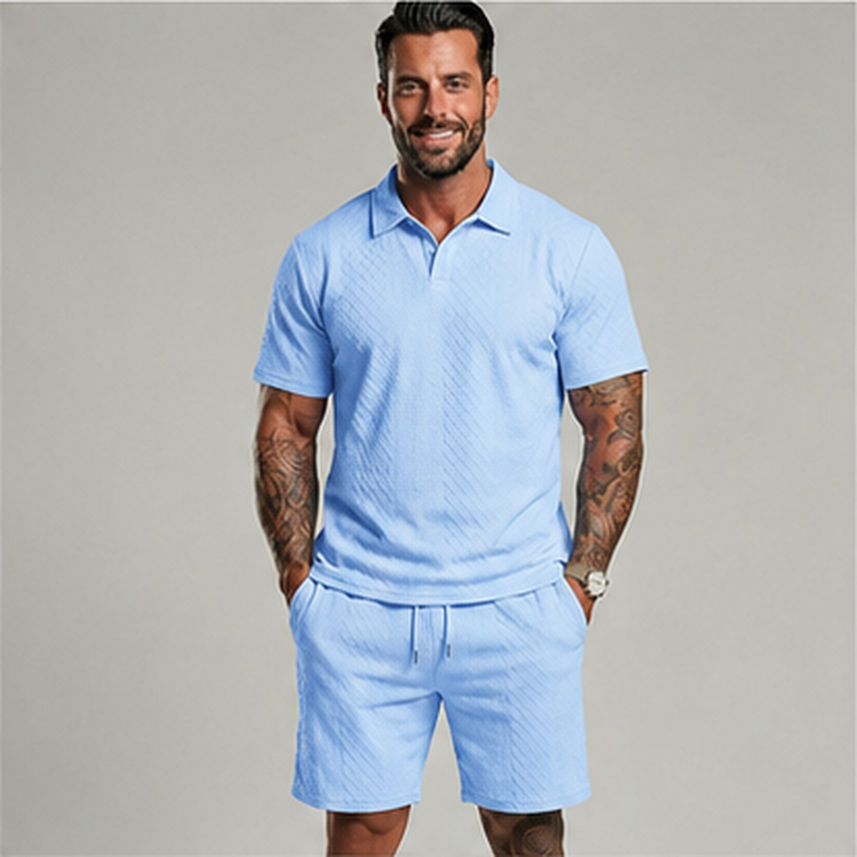 👔 Mens Textured Short Sleeve Polo Shirt and Drawstring Shorts 2 Piece Set 🩳