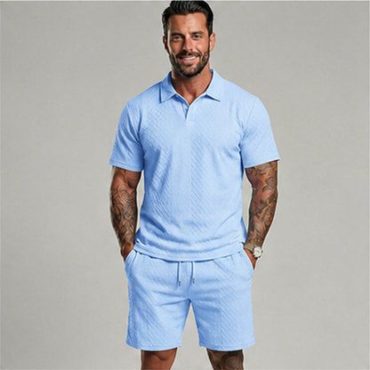 👔 Mens Textured Short Sleeve Polo Shirt and Drawstring Shorts 2 Piece Set 🩳