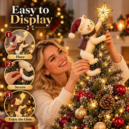 🎄 Lighted Christmas Cat Tree Topper – Climbing Kitty with Glowing Star