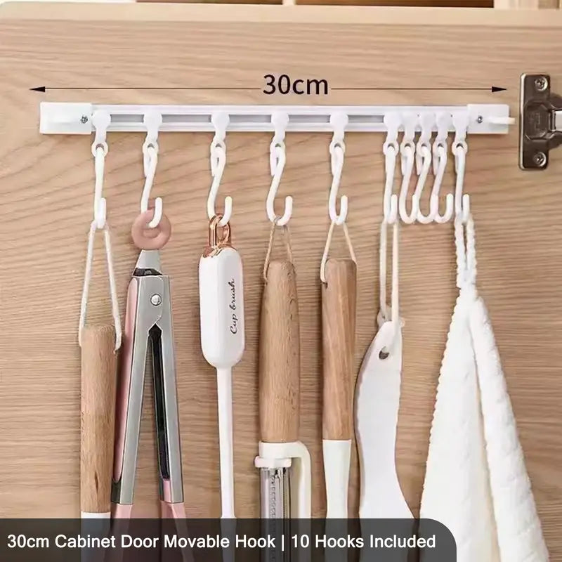 🪝 No Drill Cabinet Door Sliding Rail Organizer 30cm with 10 Adjustable Hooks 🚪