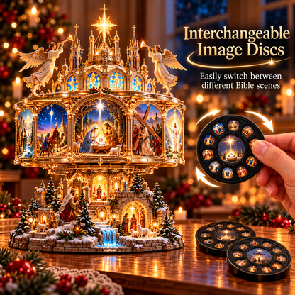 ✝️✨ Journey of Faith™ – 360° Rotating Lighted Bible Story Nativity Display with Angelic Cathedral & Sacred Scenes