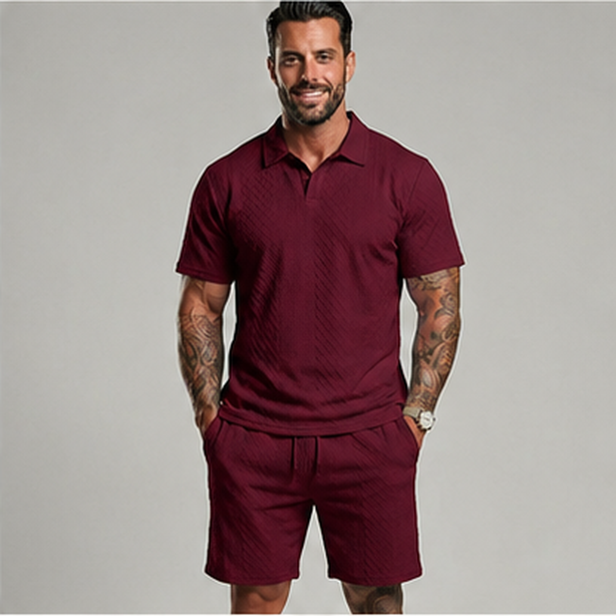 👔 Mens Textured Short Sleeve Polo Shirt and Drawstring Shorts 2 Piece Set 🩳