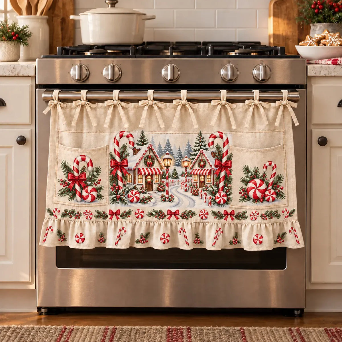 🎄 Christmas Kitchen Tie-On Skirt with Pockets & Ruffled Trim - Appliance Valance
