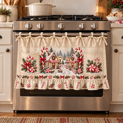 🎄 Christmas Kitchen Tie-On Skirt with Pockets & Ruffled Trim - Appliance Valance