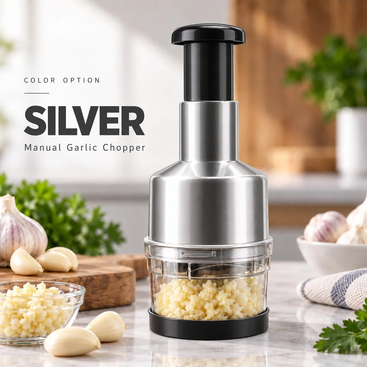 🧄 55% OFF One-Tap Garlic Chopper – Stainless Steel Manual Food Cutter for Effortless Cooking