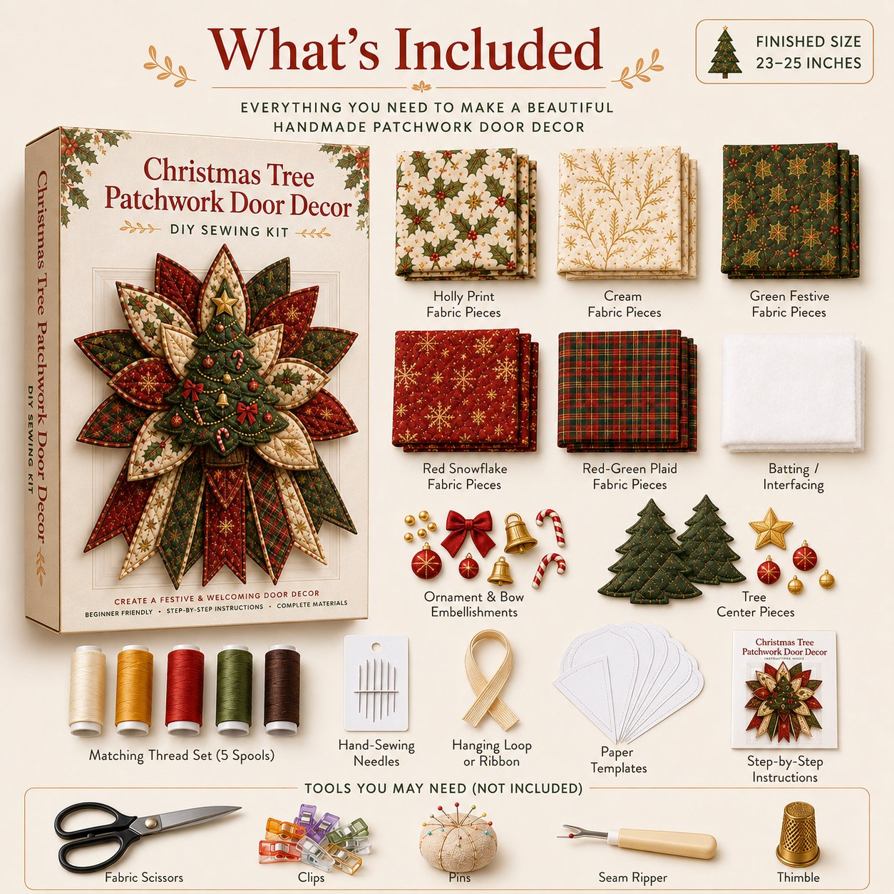 🎄 Oversized Christmas Quilted Door Hanger DIY Sewing Kit (23–25") 🪡