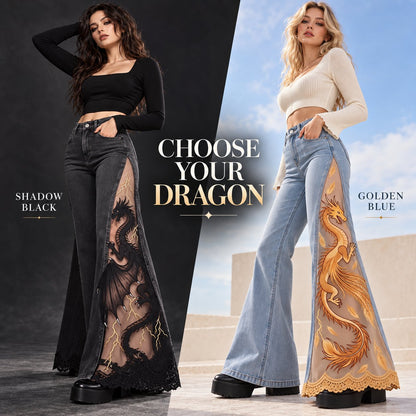 ✨ Women's Sheer Panel Jeans 🖤 Delicate Dragon Embroidery