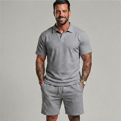 👔 Mens Textured Short Sleeve Polo Shirt and Drawstring Shorts 2 Piece Set 🩳