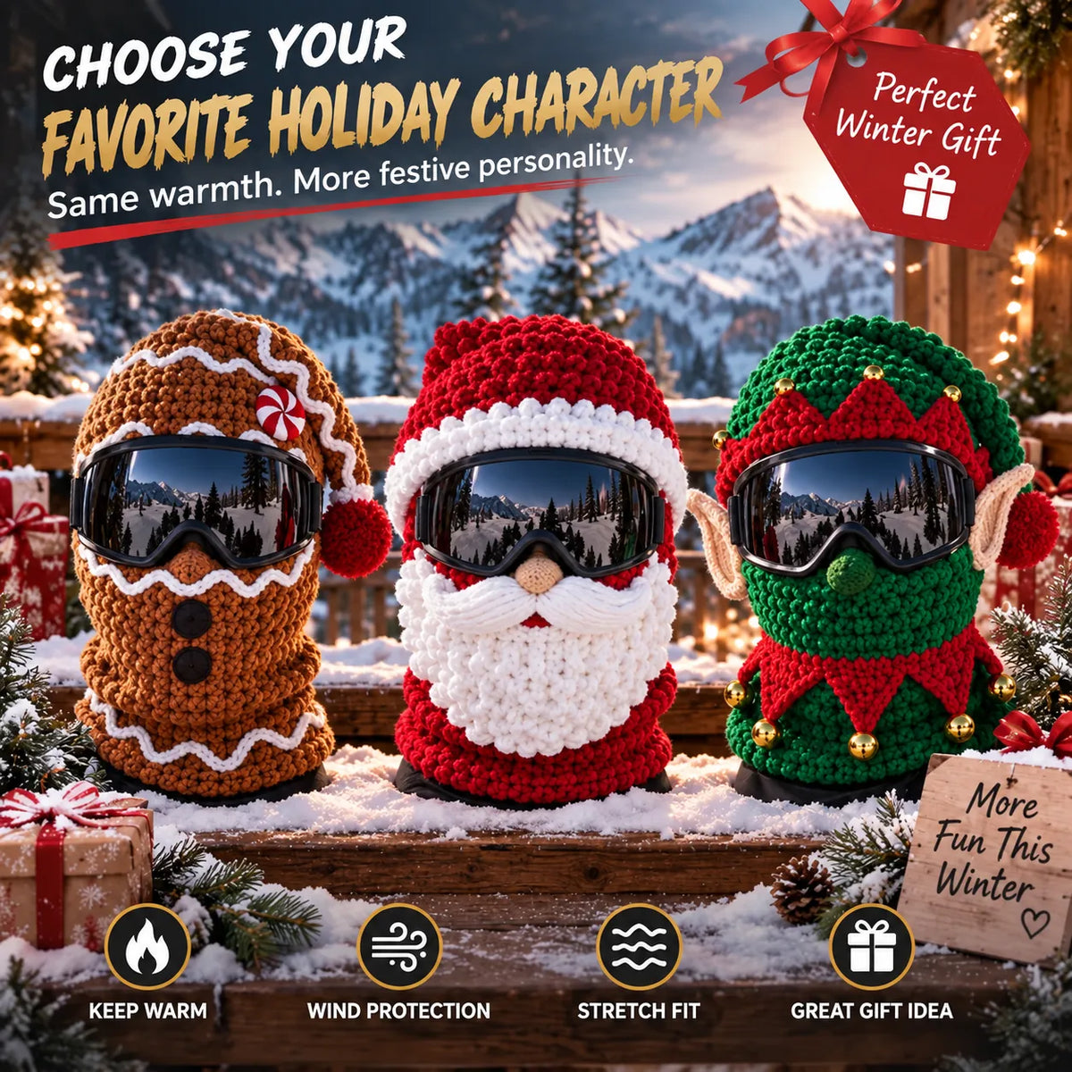 🎿 Festive 3D Christmas Knitted Full-Face Ski Mask with Goggle-Compatible Opening ❄️