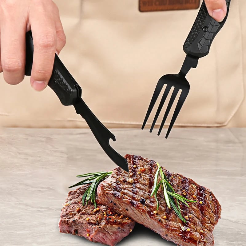 🏕️ 4-In-1 Folding Camping Utensil Set – Spoon, Fork, Knife & Bottle Opener