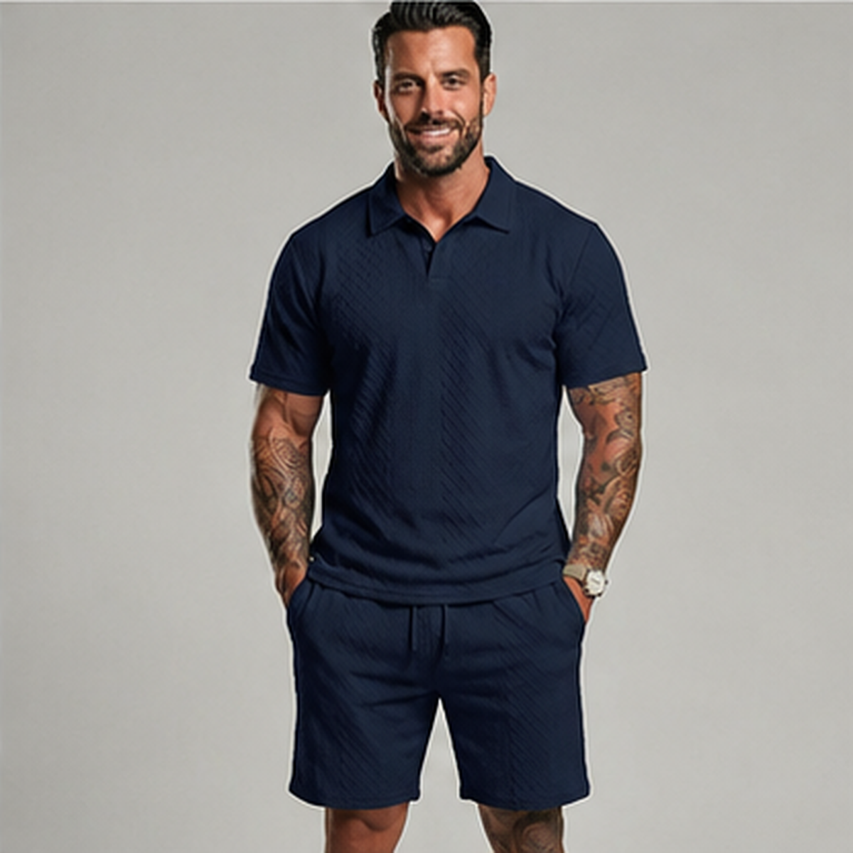 👔 Mens Textured Short Sleeve Polo Shirt and Drawstring Shorts 2 Piece Set 🩳