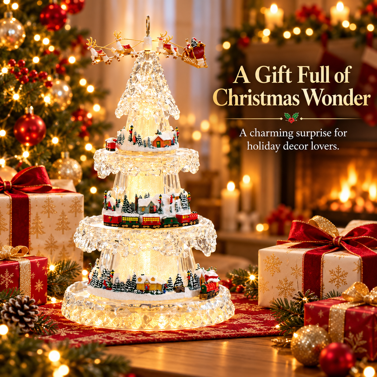 Musical Christmas Tree with Animated Train – Light-Up Acrylic Holiday Village Tabletop Decoration