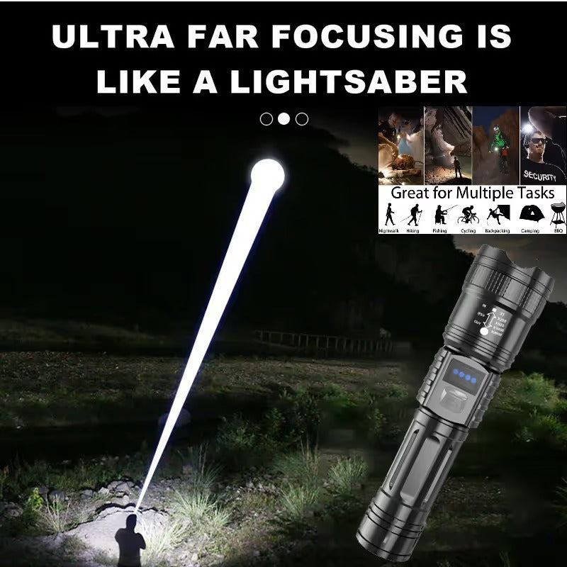🔦 Rechargeable LED Flashlight – Zoom Beam & Power Bank Function 🔋