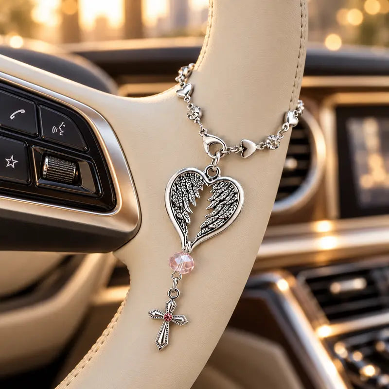 💗 50% OFF Angel Wing Heart Car Charm with Cross & Pink Crystal