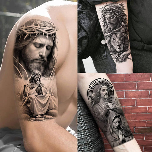 🔥 76 Pcs Tribal Temporary Tattoo Set - Wolf, Lion & Skull | Instant Forearm Sleeve | Zero Pain 🐺✨