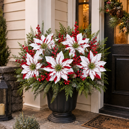 🎄 Set of 6 Christmas Poinsettia Planter Insert Picks – Red & White Holiday Urn Decor 🌺