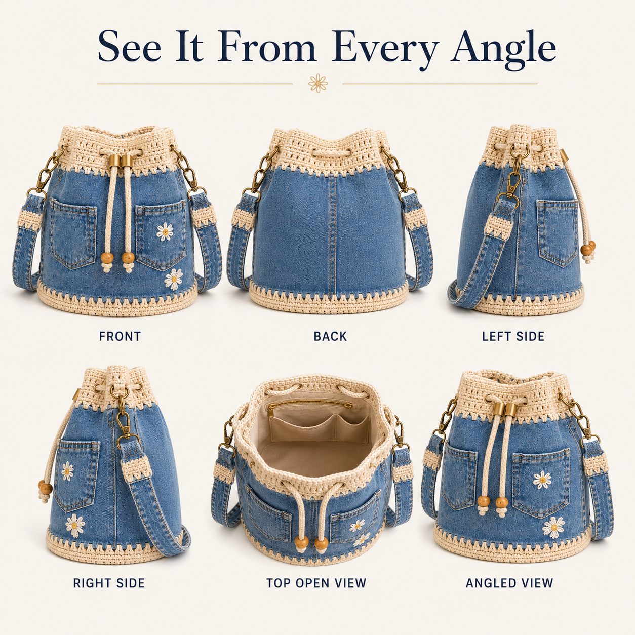 🔥Last Day 49% OFF-🌼 Denim Crochet Daisy Bucket Bag & Crossbody Purse 👜