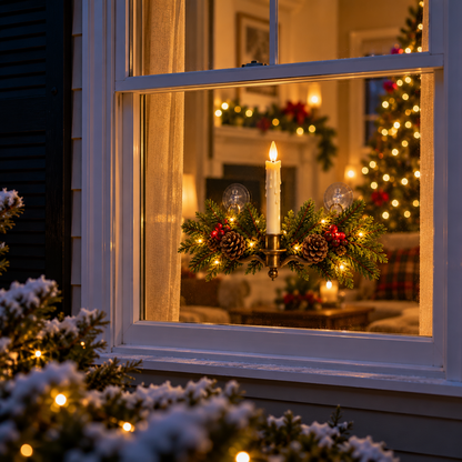 🕯️🌲 Evergreen Window Glow™ | Remote-Controlled Christmas Candle Swag
