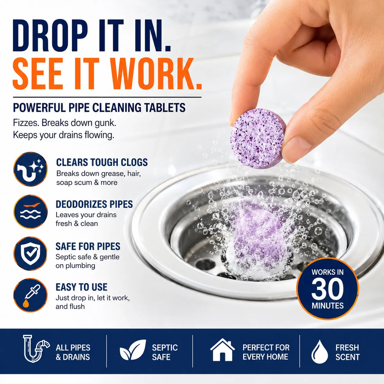 🧼50% OFF TODAY🚿 Multi-Purpose Pipe Cleaner Tablets ✨Cleans Drains, Washers & Septic Systems