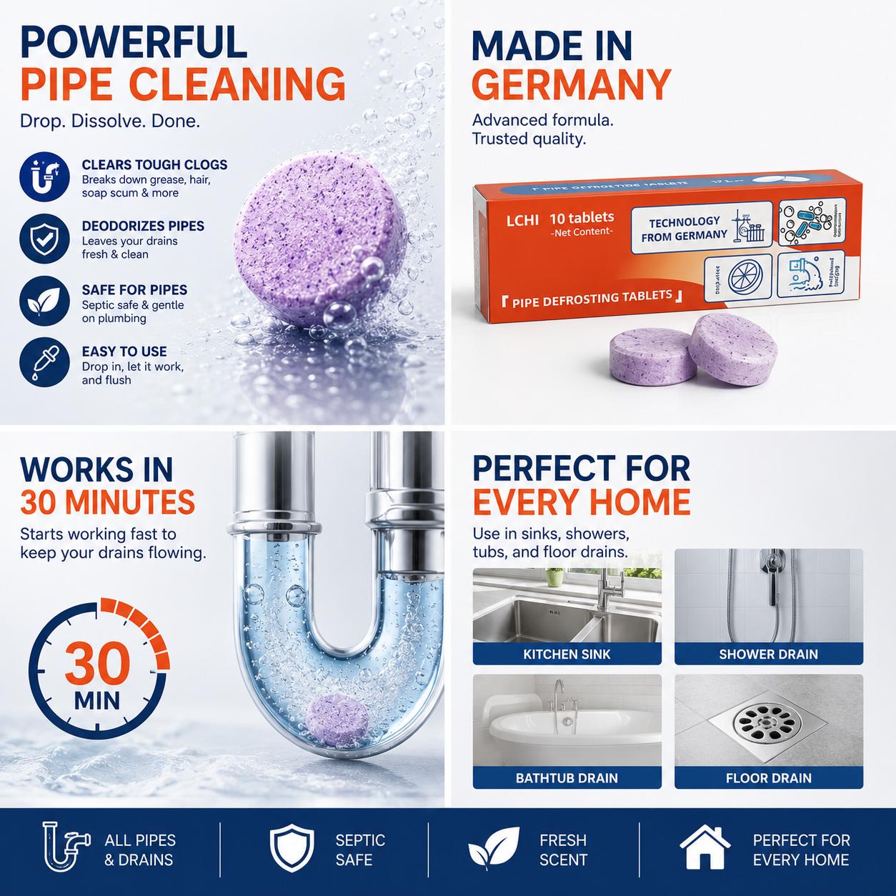 🧼50% OFF TODAY🚿 Multi-Purpose Pipe Cleaner Tablets ✨Cleans Drains, Washers & Septic Systems