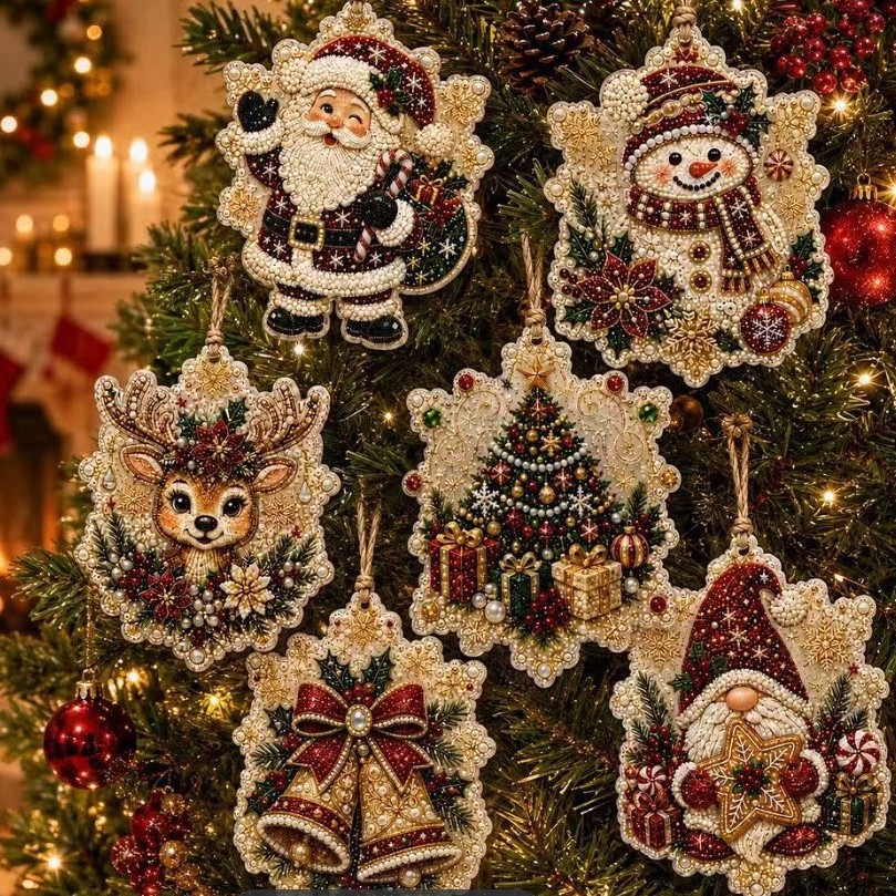 🎄 6-Piece Christmas Diamond Art Wooden Ornament Kit – DIY Pearl & Rhinestone Crafts ✨