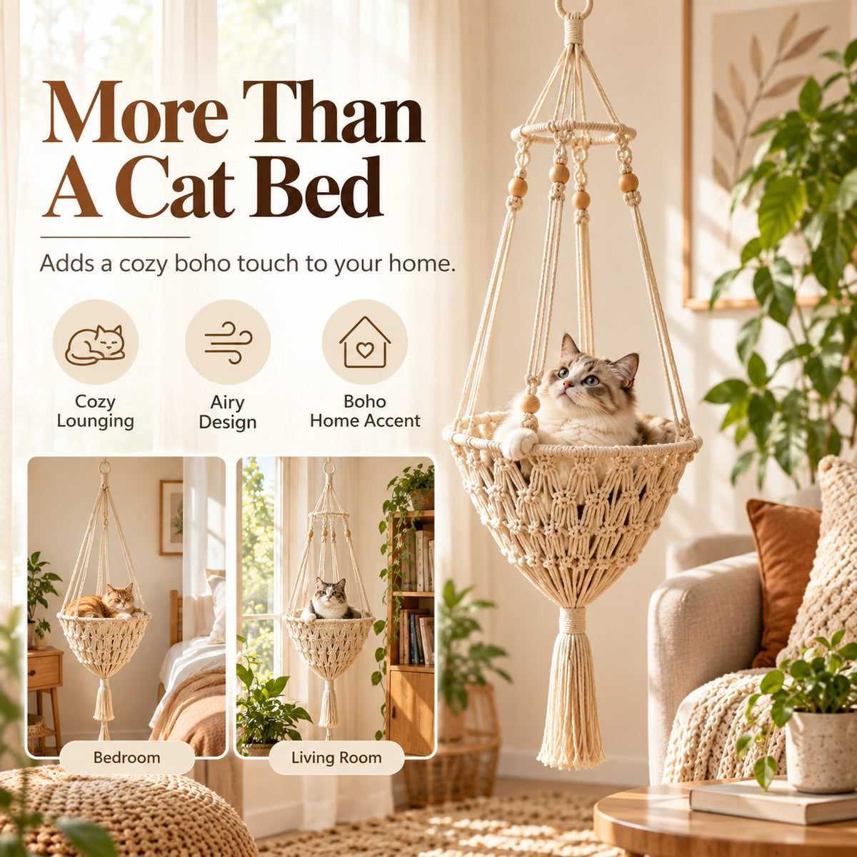 🔥 50% OFF Boho Macrame Cat Hammock 🐱 Cozy Hanging Bed for Cats