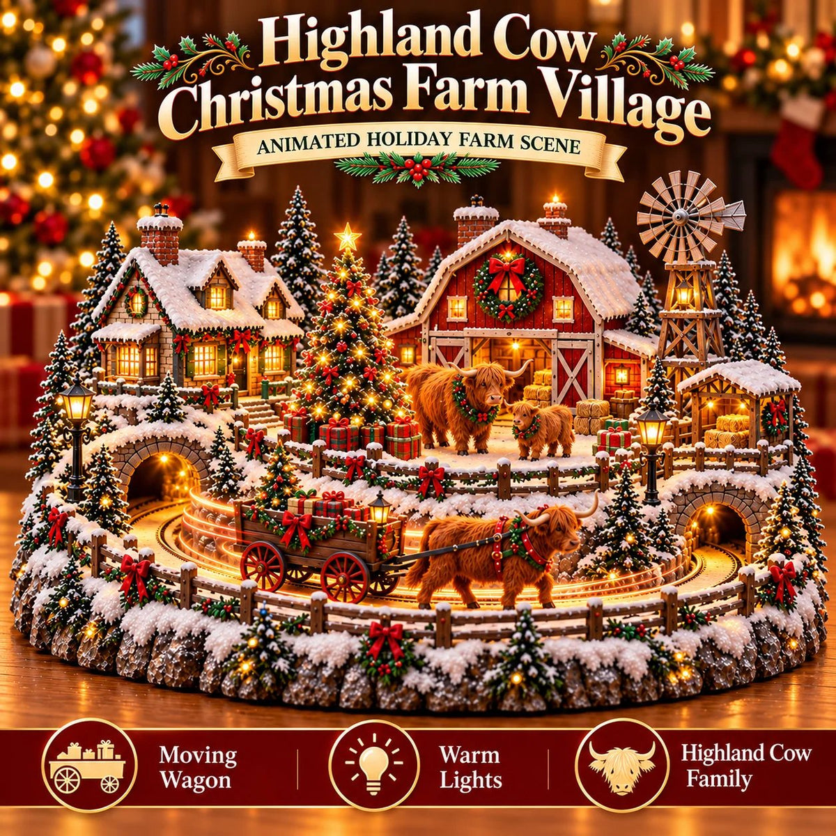 🐮 Highland Cow Christmas Farm Village – Lighted Farmhouse Holiday Scene