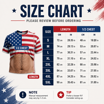 🇺🇸 Men's Novelty Patriotic American Flag Body Hair 3D Printed T-Shirt 👕