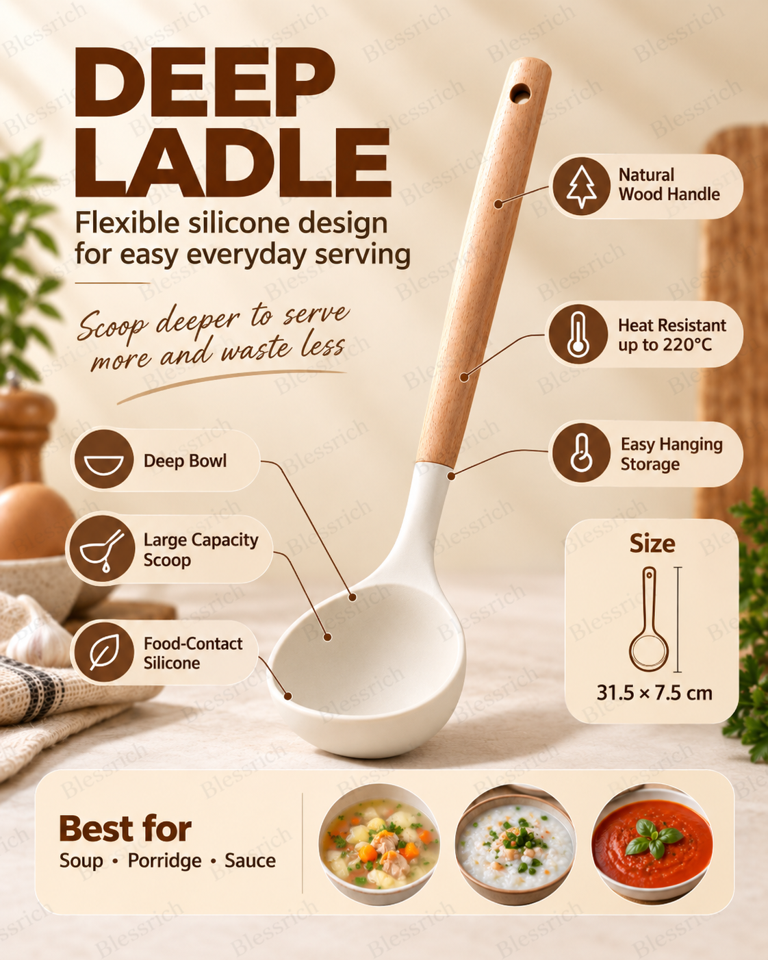 🍳 Flexible Silicone Kitchen Utensils – 3-Piece Wood Handle Cooking Set