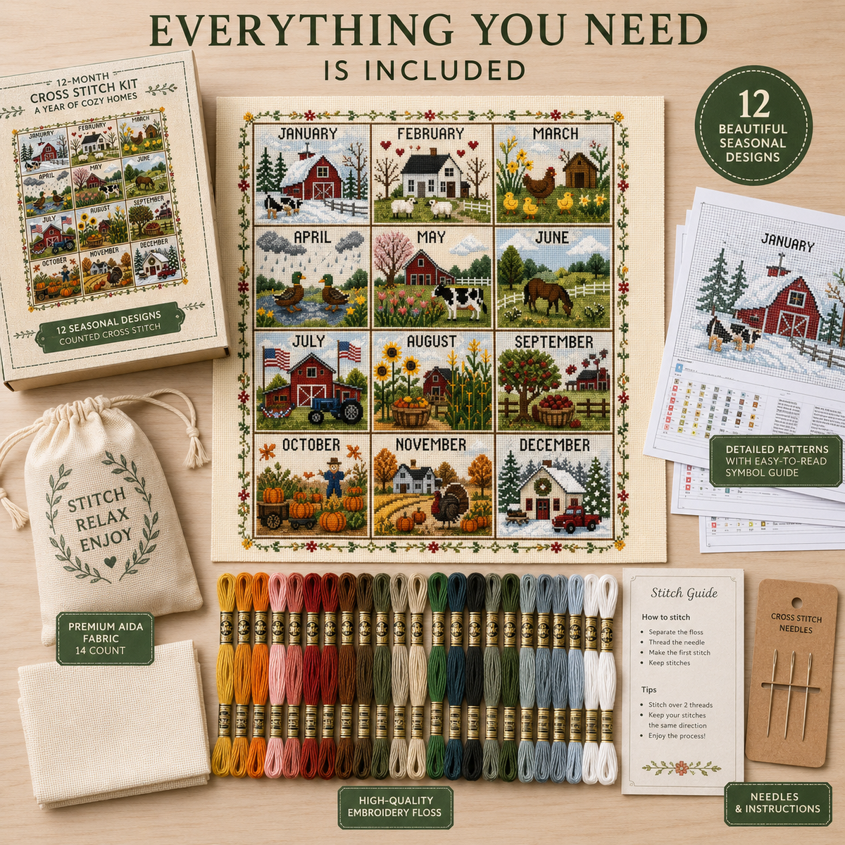 🔥 Limited-Time Offer! 49% OFF - A Year in Stitches – 12-Month Seasonal Cross Stitch Kit 🌿